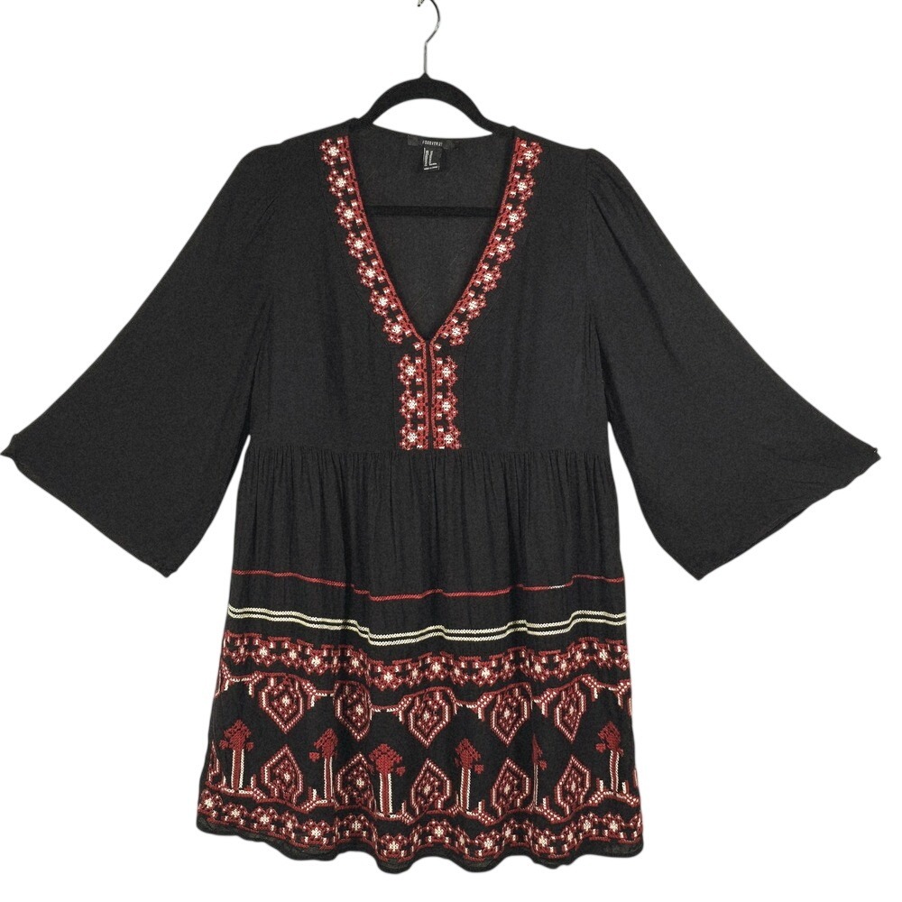 Forever 21 Embroidered Peasant Tunic Top Woman Medium Bell Sleeve Bohemian Black